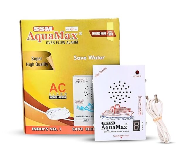 SSM Aquamax ® Digital Display Metal Body Water Tank Alarm with 15 Meter Wire | 220V AC | Wall Mountable | Loud Hindi & English Alerts | 1-Year Warranty | Stainless Steel Sensor | (ACW-3-Wire)