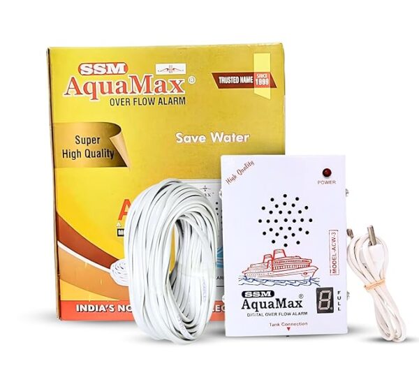 SSM Aquamax ® Digital Display Metal Body Water Tank Alarm with 15 Meter Wire | 220V AC | Wall Mountable | Loud Hindi & English Alerts | 1-Year Warranty | Stainless Steel Sensor | (ACW-3-Wire)