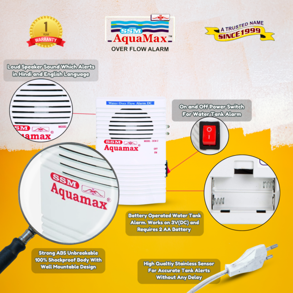 SSM Aquamax ® Water Tank Alarm Bell Overflow Protection - Battery Operated - 15 Meter Wire & Sensors Included - Loud Human Voice in Hindi and English - 1 Year Warranty (DCW-2 - Wire)