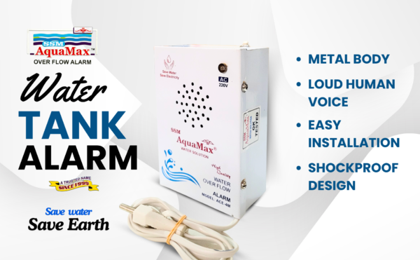 SSM Aquamax ® Metal Body Water Tank Alarm with 15 Meter Wire | 220V AC | Shockproof Design | Wall Mountable | Loud Hindi & English Alerts | 1-Year Warranty | Stainless Steel Sensor | (TAC-1 - Wire)